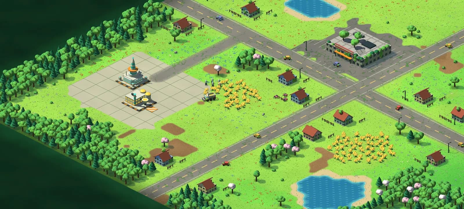 The Meadow in the first build: a spire and a refinery on a concrete pad, a harvester at a yellow crystal field, houses and roads around.