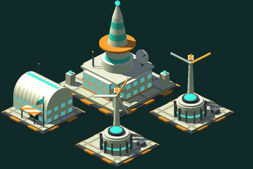 A Command Spire with an orange collar, an arched Muster Hall and two wind-powered Atmospheric Dynamos on hazard-striped pads.