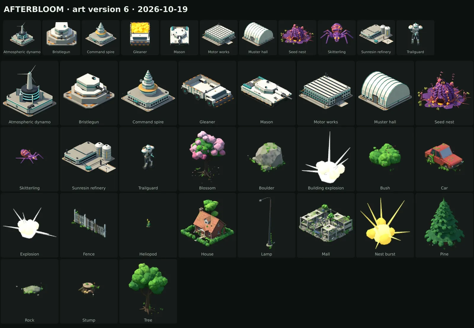 The art version 6 sheet: every game sprite of the day on a dark grid.