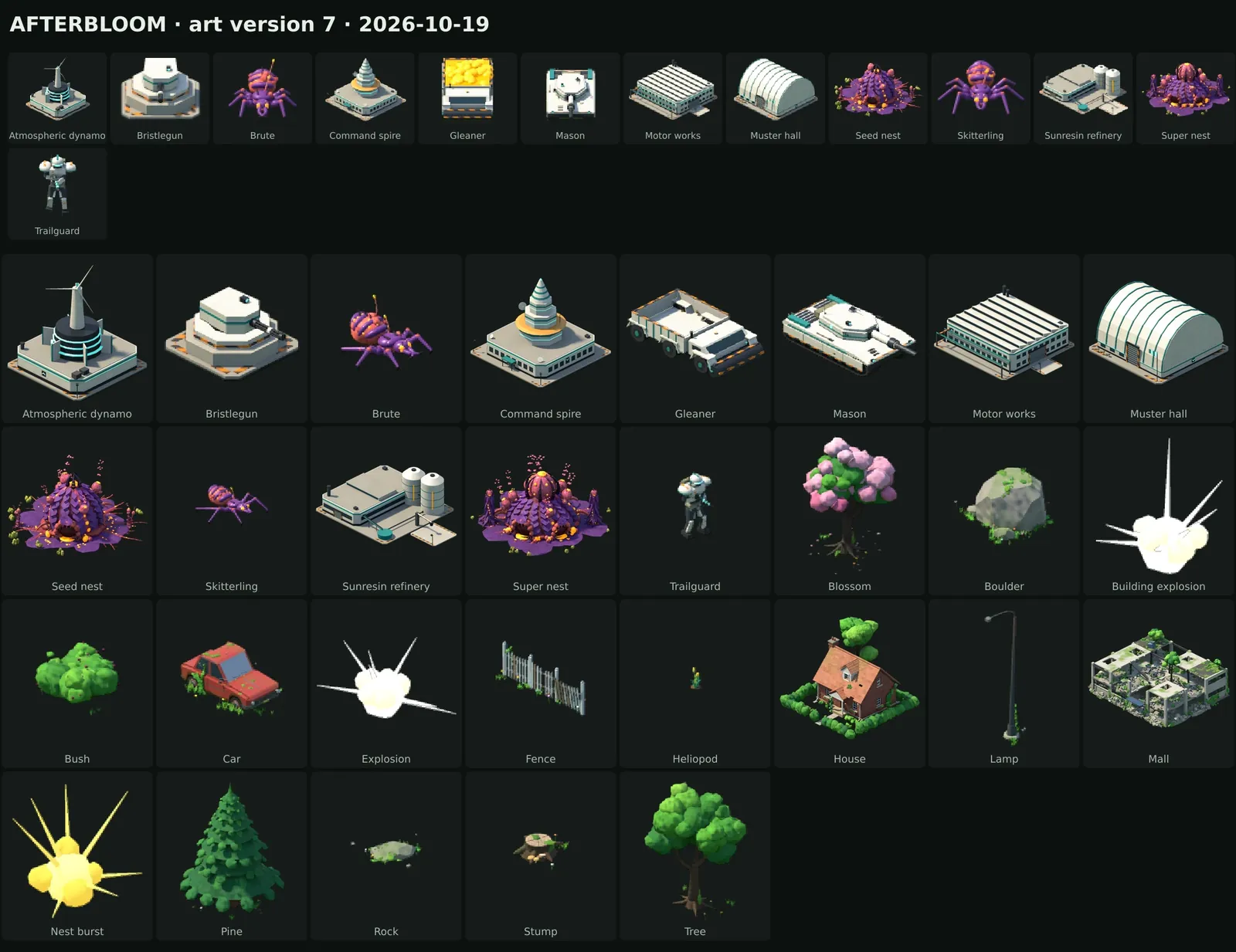 The art version 7 sheet: portraits and in-game sprites of every role, buildings, creatures, trees and effects.