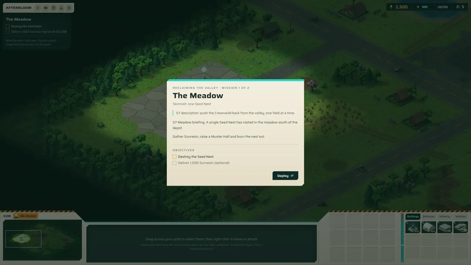 A mission briefing card over the battlefield, with objectives and a Deploy button.
