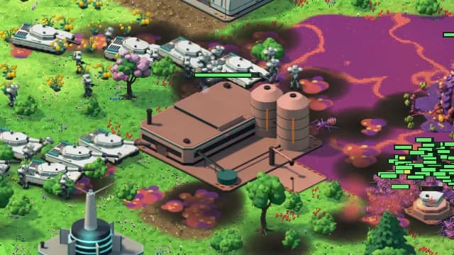 Tanks and riflemen fighting by a refinery at the edge of purple Crownwild creep.