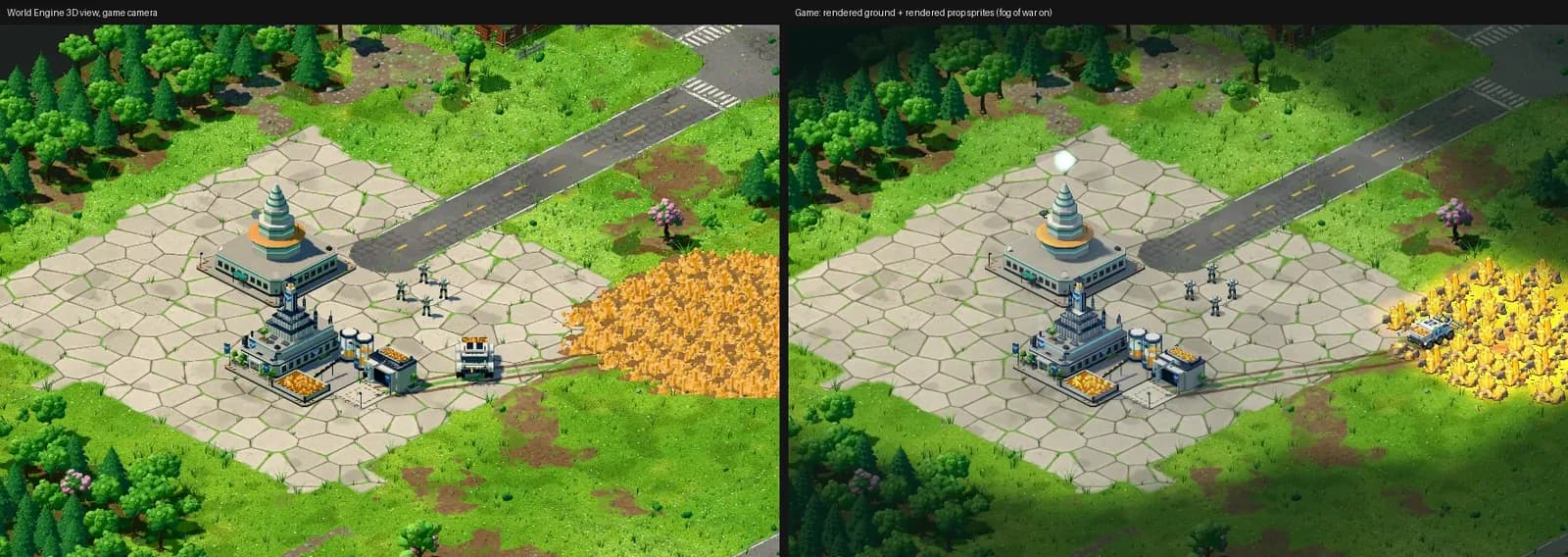 The Meadow side by side: the 3D editor on the left, the game on the right, matching.