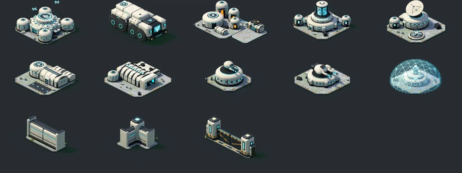Library thumbnails of the Vanguard buildings: Fabricator Core, Refinery, Energy Core, factories, turrets, walls.
