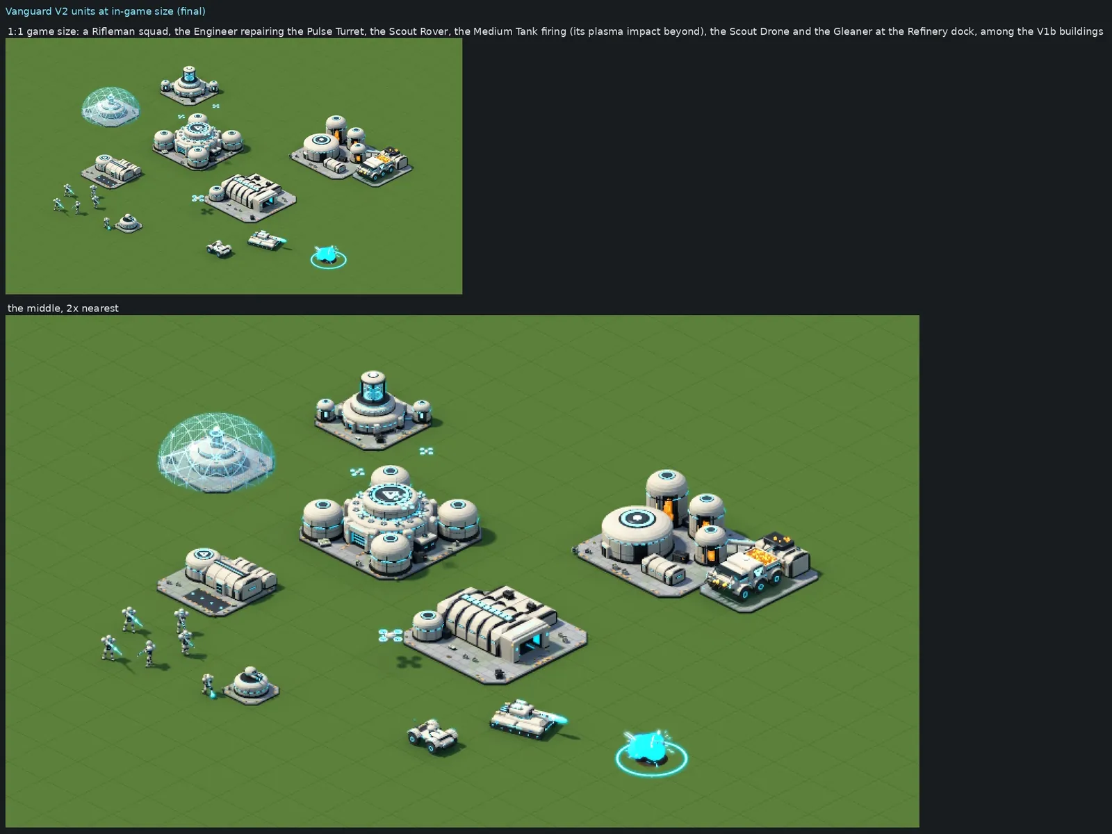 A sheet of the Vanguard units at in-game size among the buildings.