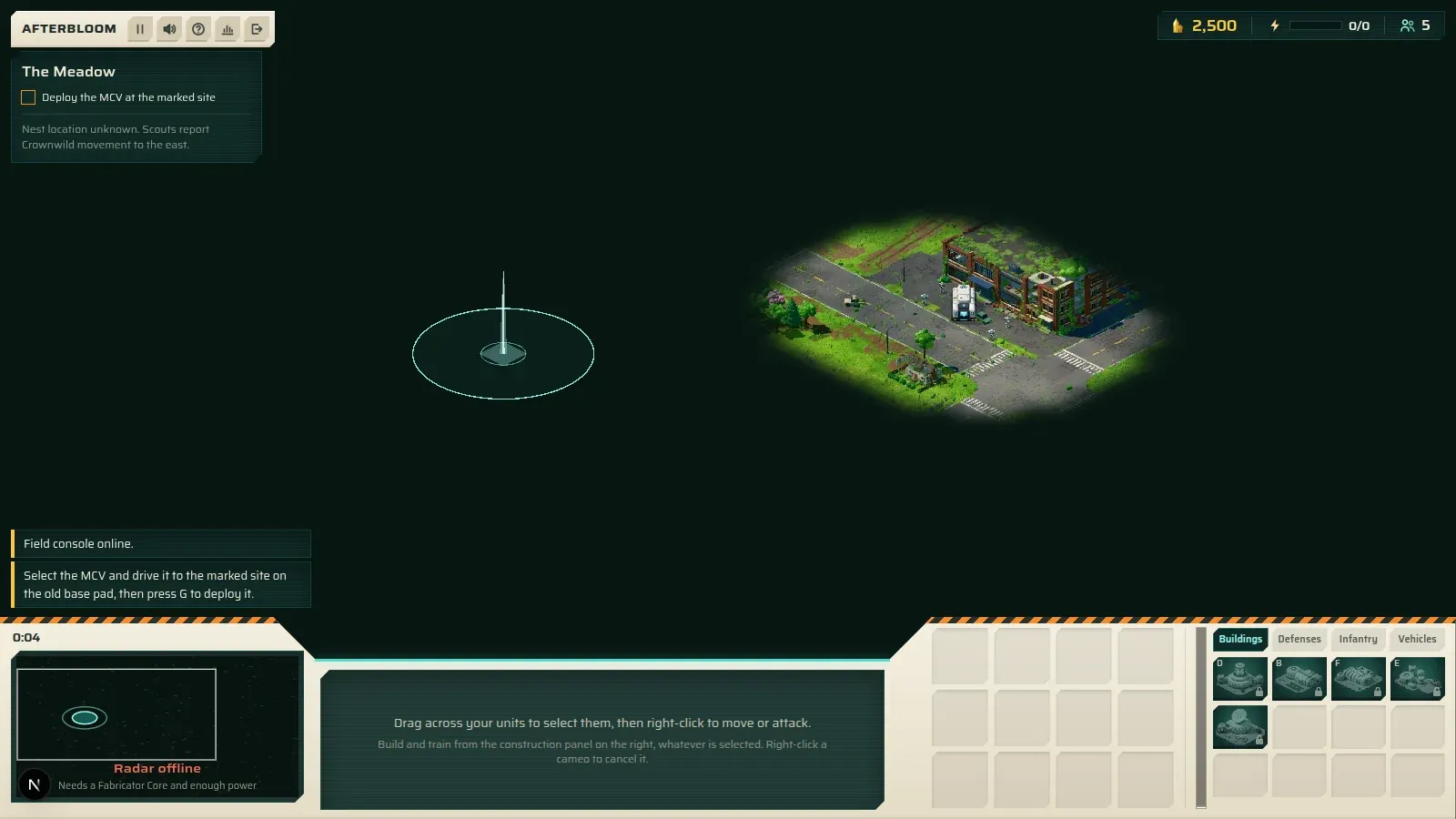 The MCV and Riflemen by the mall in a lit patch of map, the base site marked in the black beyond.