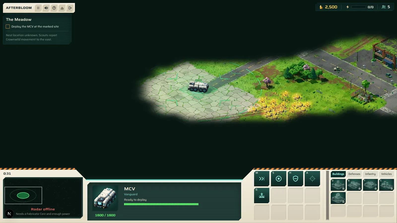 The MCV on the old base pad, the deploy markings around it glowing green.