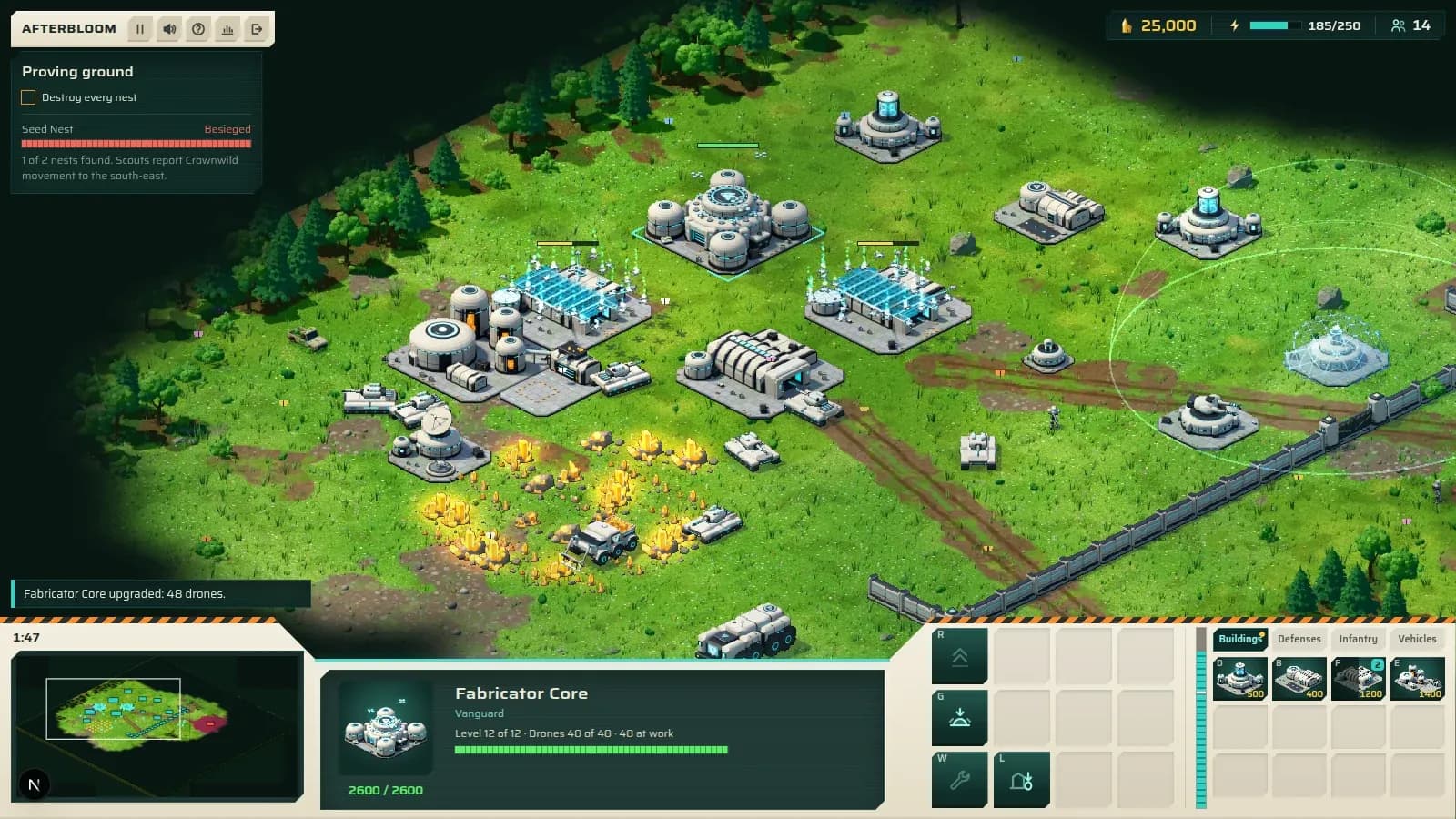 Forty-eight drones printing two Vehicle Factories at once beside the Fabricator Core.