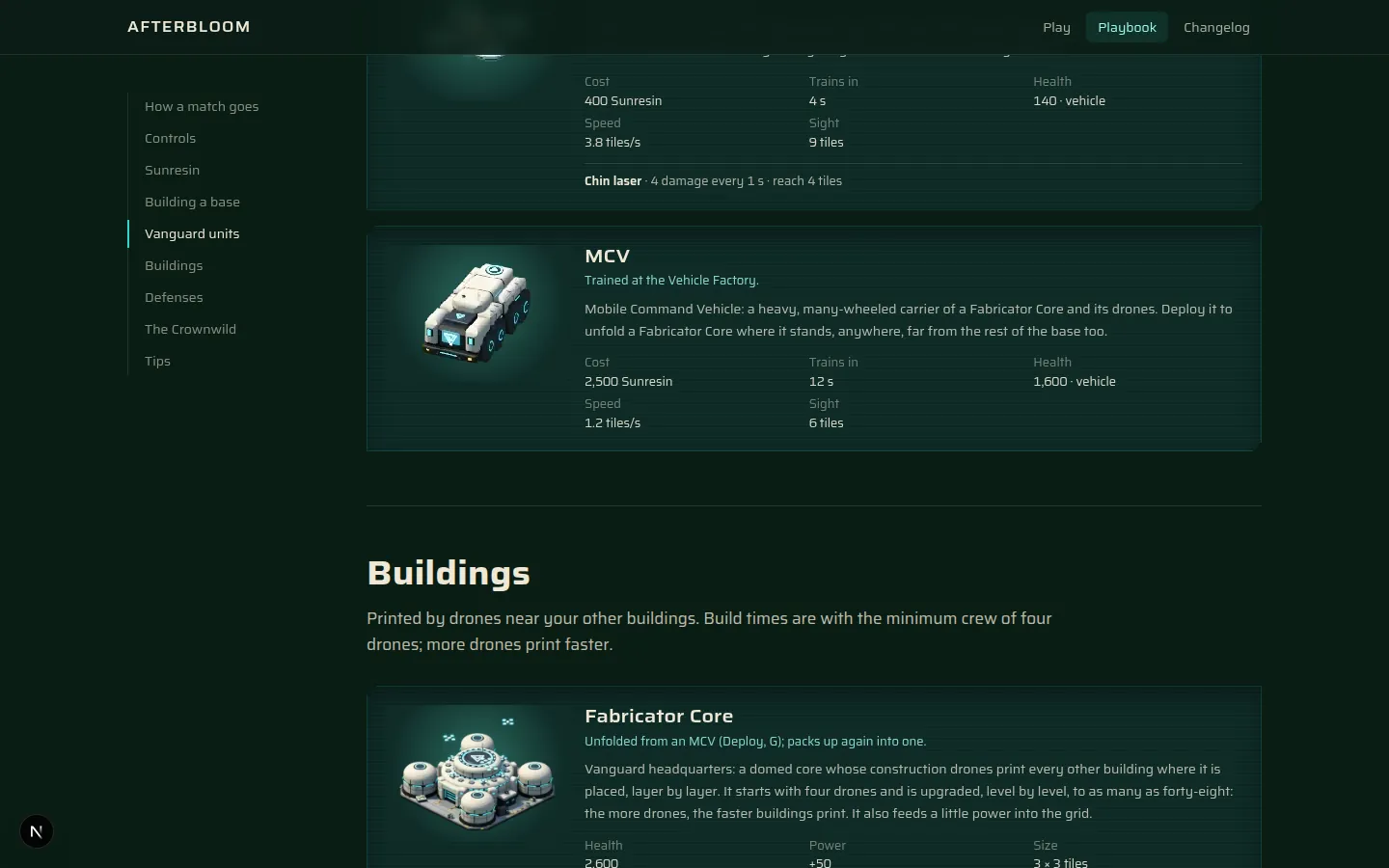The Playbook: the MCV’s card with its portrait and stats, and the Fabricator Core below.