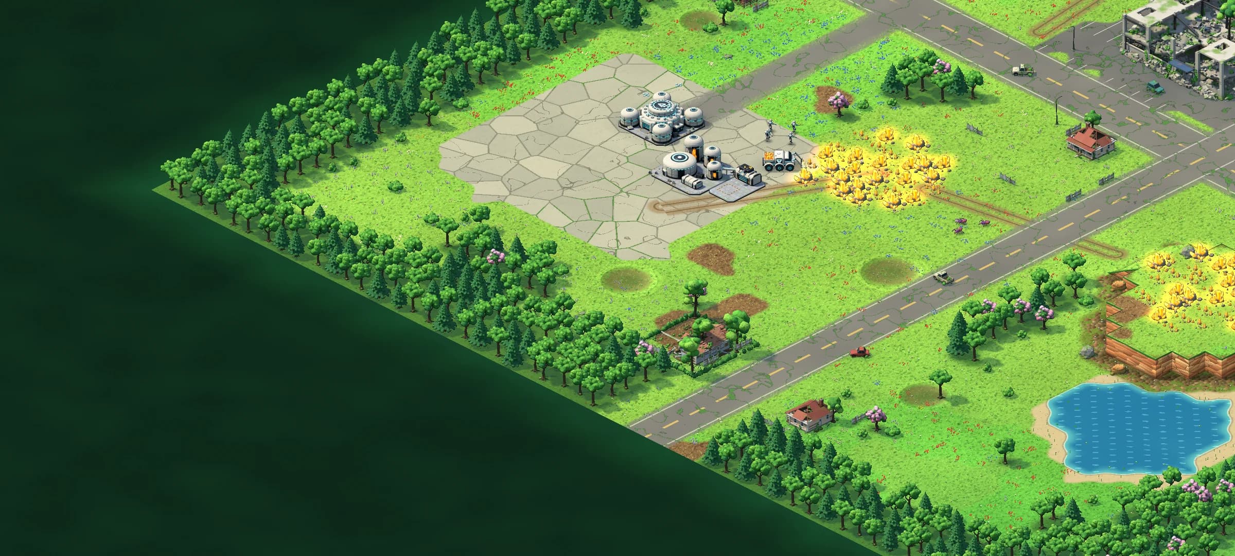 The Meadow, the game's first mission, in isometric view: a white Vanguard Fabricator Core and Refinery on an old concrete pad, a Gleaner harvesting a glowing field of amber sunresin crystals, Riflemen on watch, Skitterlings creeping in from the east, and a ruined mall up the road.