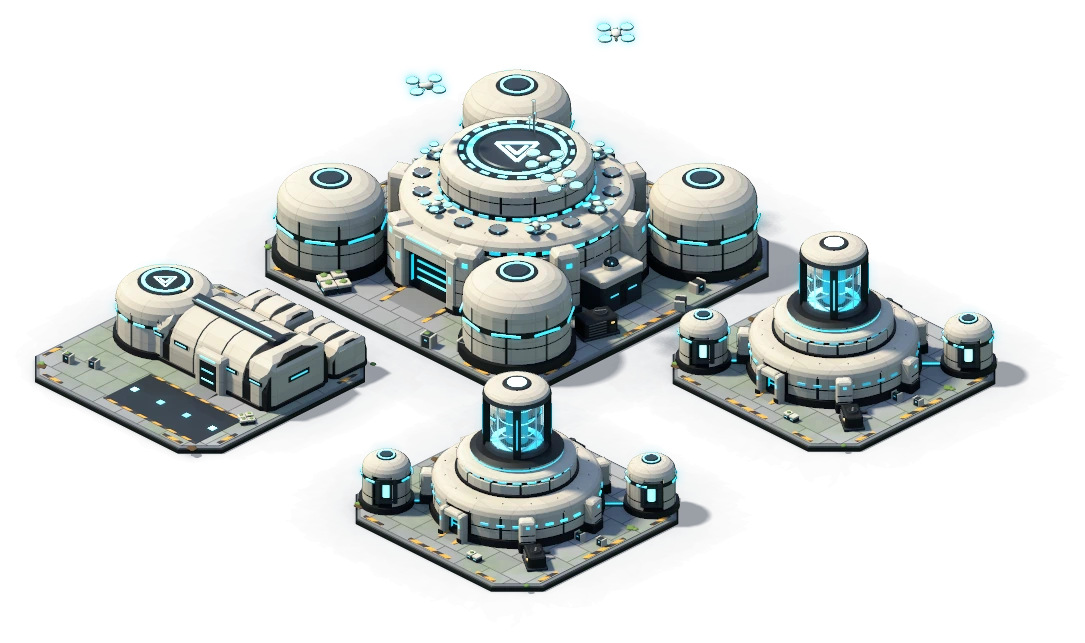 A Vanguard base in white ceramic and cyan light: the domed Fabricator Core with two Energy Cores and an Infantry Complex.
