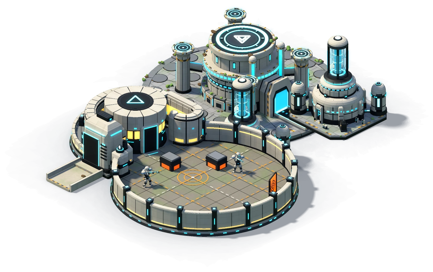 A Vanguard base in white ceramic and cyan light: the domed Fabricator Core with two Energy Cores and an Infantry Complex.