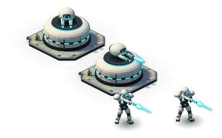 Two Pulse Turrets, one firing, with two Riflemen shooting lasers beside them.