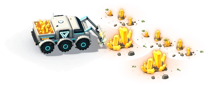 A six-wheeled Gleaner with its claw down and its hopper full, working a field of glowing amber sunresin crystals.