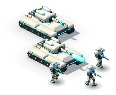 Two Medium Tanks, one firing its plasma cannon, advancing with a squad of Riflemen.